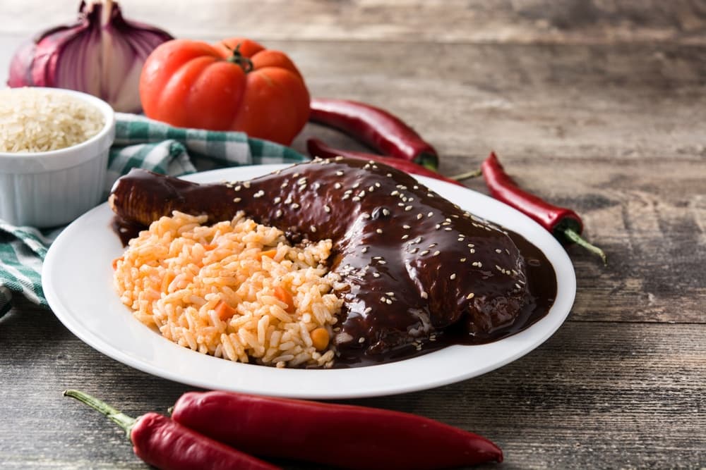 Traditional mole dish with chicken and rice